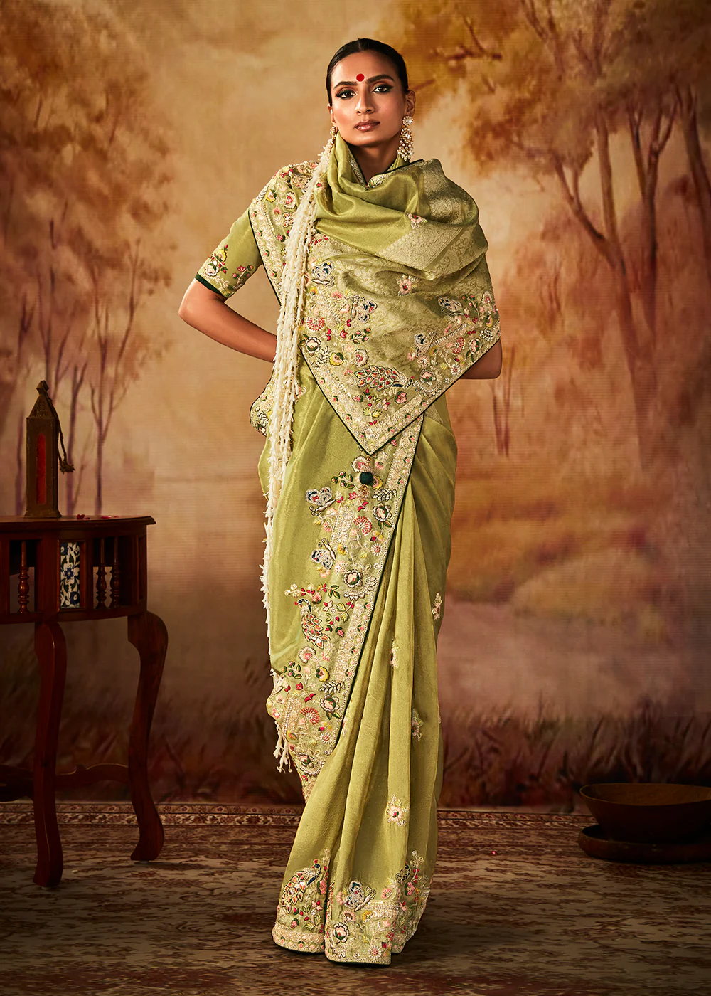 Apple Green Wedding Wear Embroidered Kanjivaram Silk Saree - Image 4