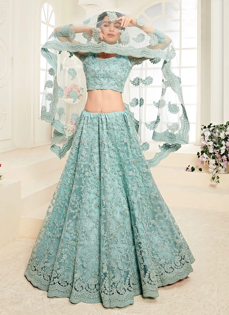 Aqua Blue A Line Trendy Wedding Lehenga Choli - Image 3