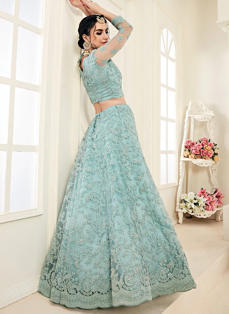 Aqua Blue A Line Trendy Wedding Lehenga Choli - Image 4