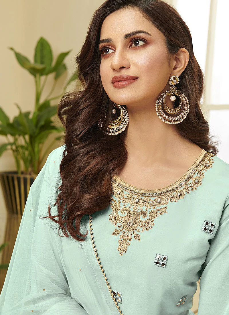 Aqua Blue Embroidered Faux Georgette Gota Work Sharara Suit - Image 2