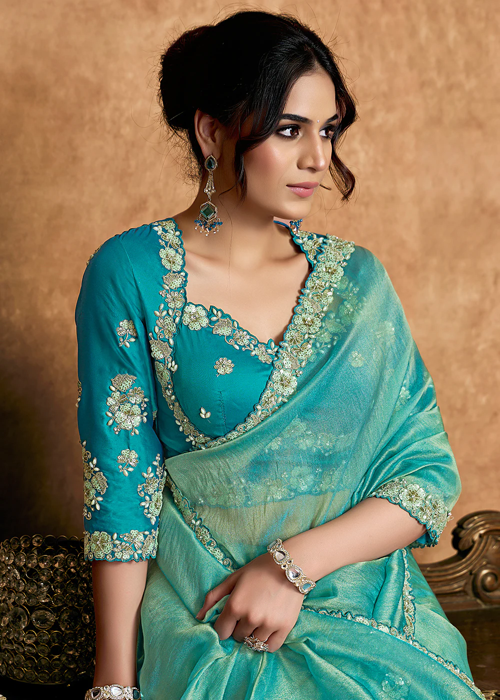 Aqua Blue Embroidered Wedding Festive Wear Saree - Image 2
