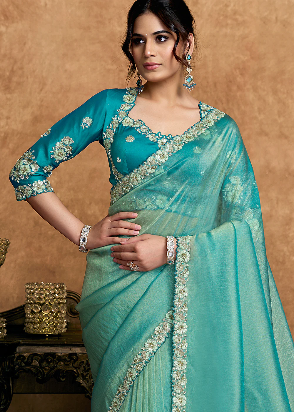 Aqua Blue Embroidered Wedding Festive Wear Saree - Image 3