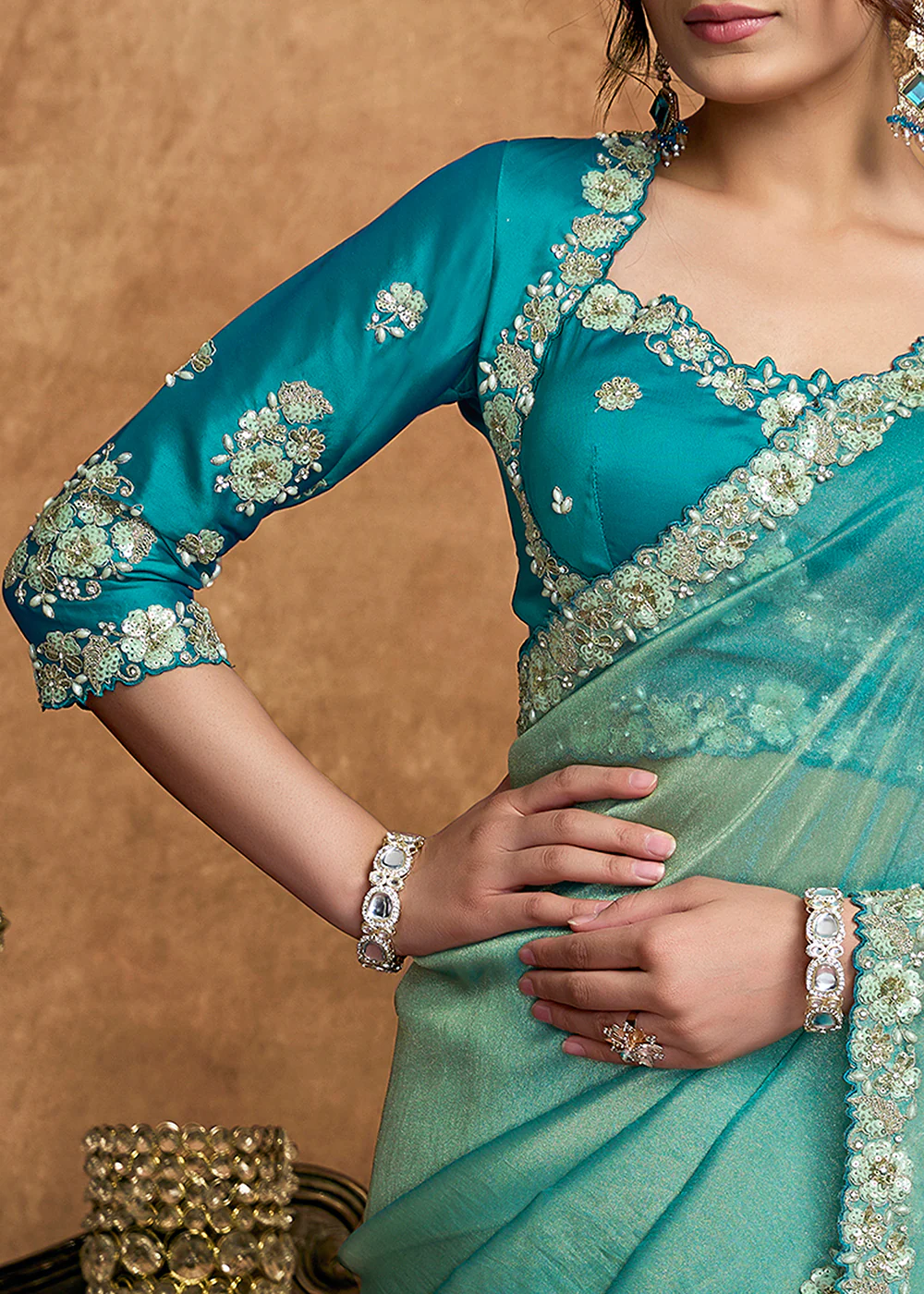Aqua Blue Embroidered Wedding Festive Wear Saree - Image 4