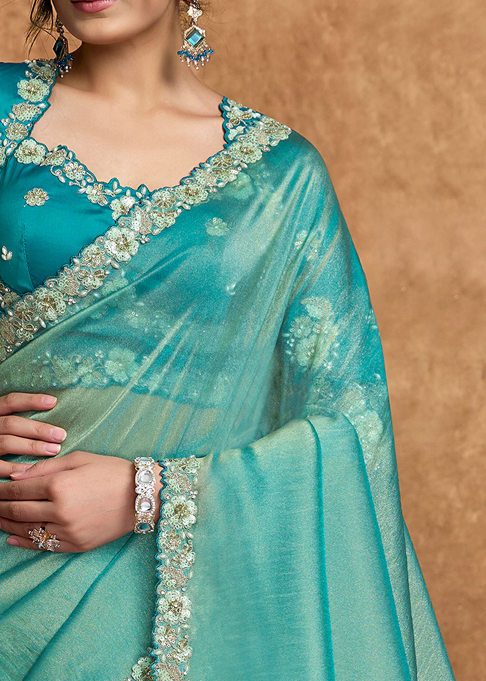 Aqua Blue Embroidered Wedding Festive Wear Saree - Image 5