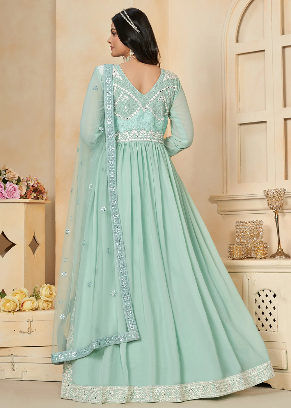 Aqua Blue Georgette Embroidered Wedding Anarkali Suit - Image 3
