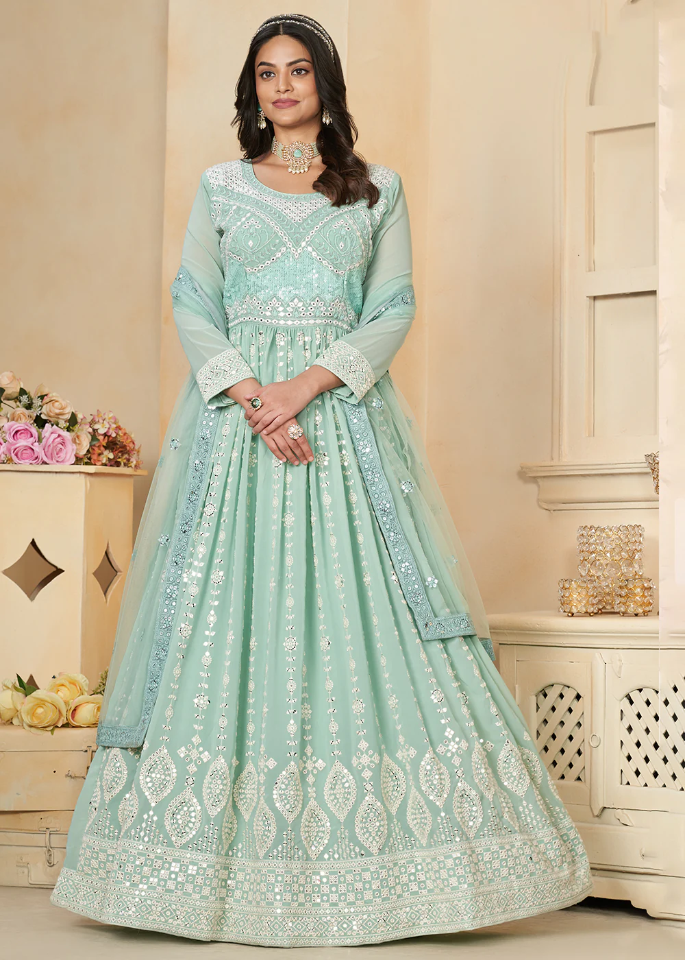 Aqua Blue Georgette Embroidered Wedding Anarkali Suit - Image 4