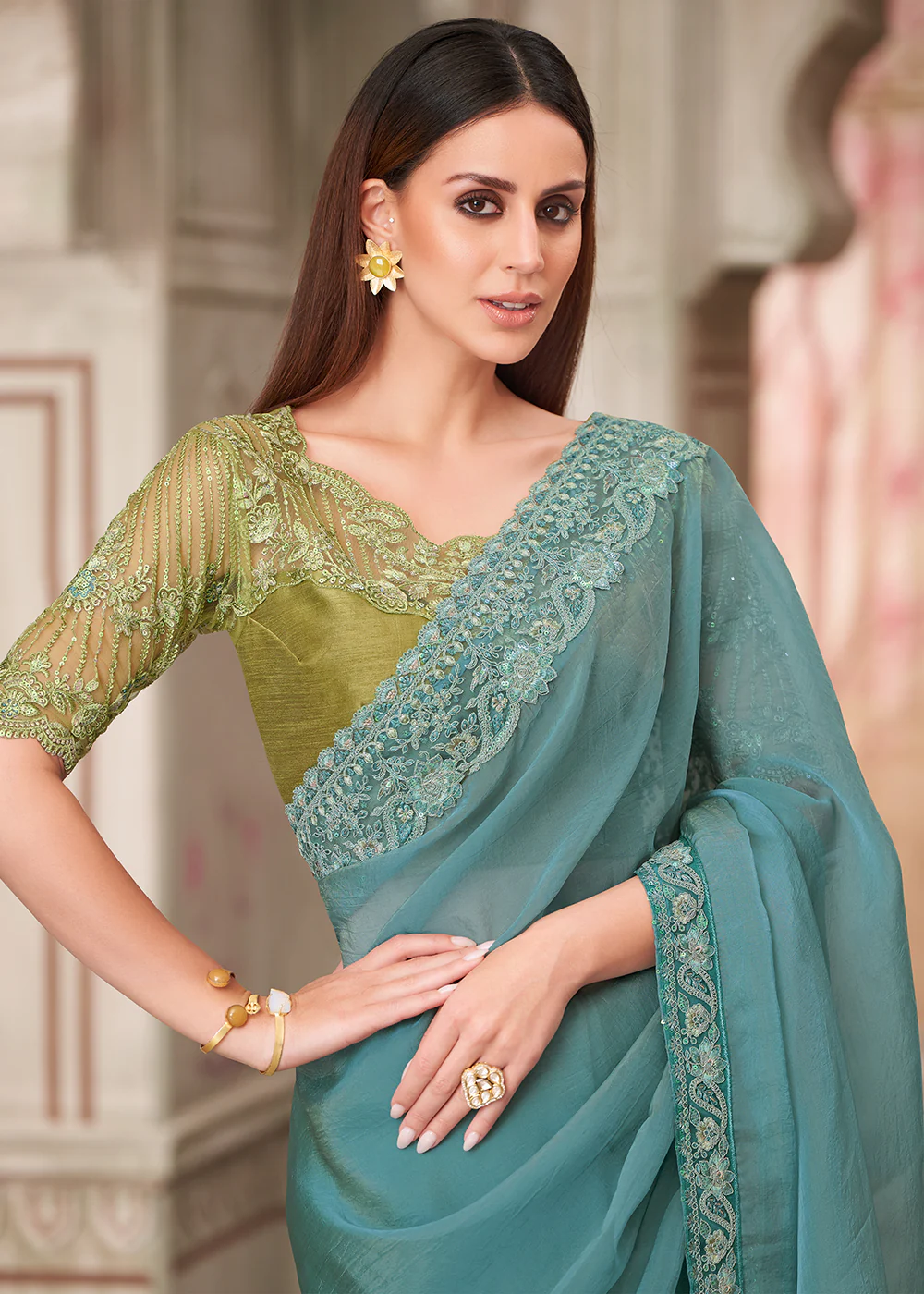 Aqua Blue Georgette Silk Embroidered Wedding Wear Saree - Image 2