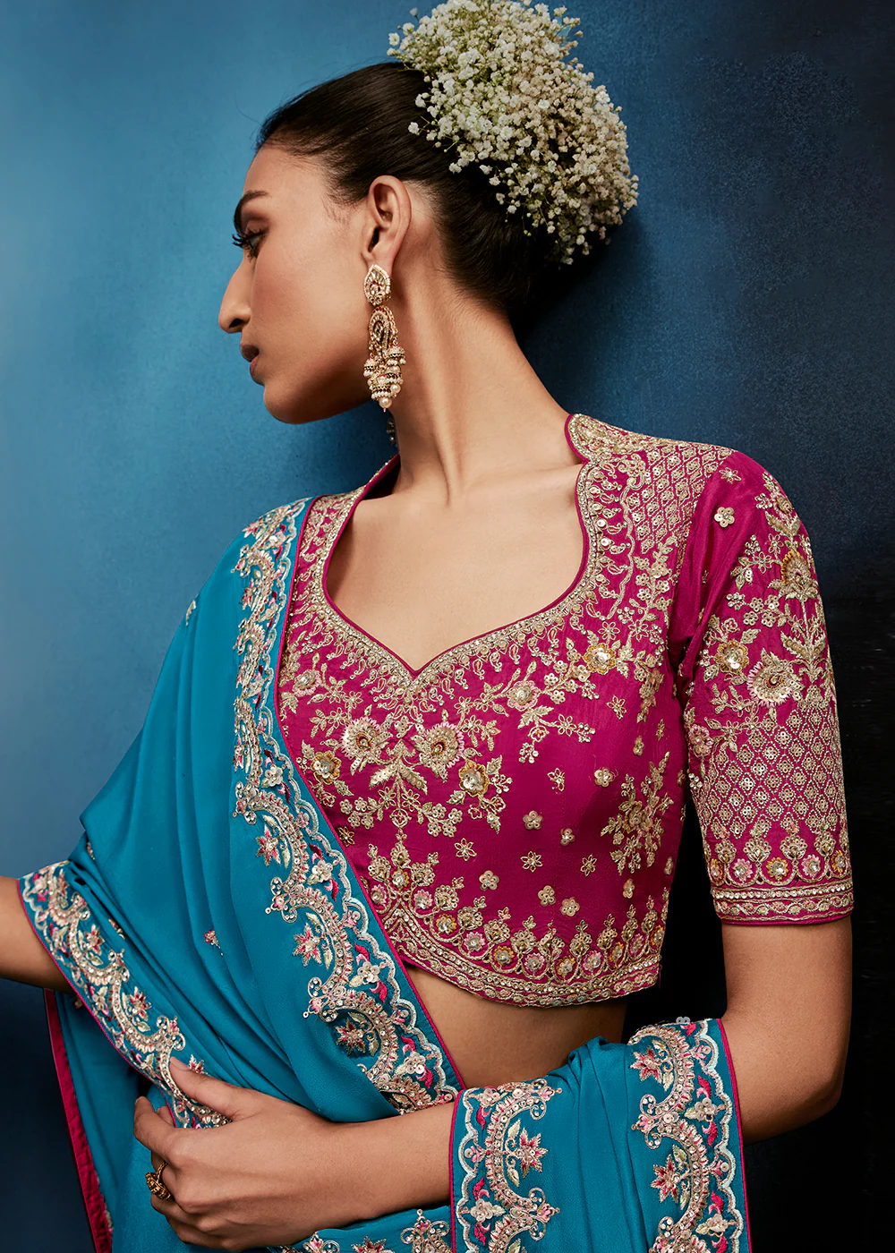 Aqua Blue High-Grade Pure Fancy Fabric Designer Saree - Image 2