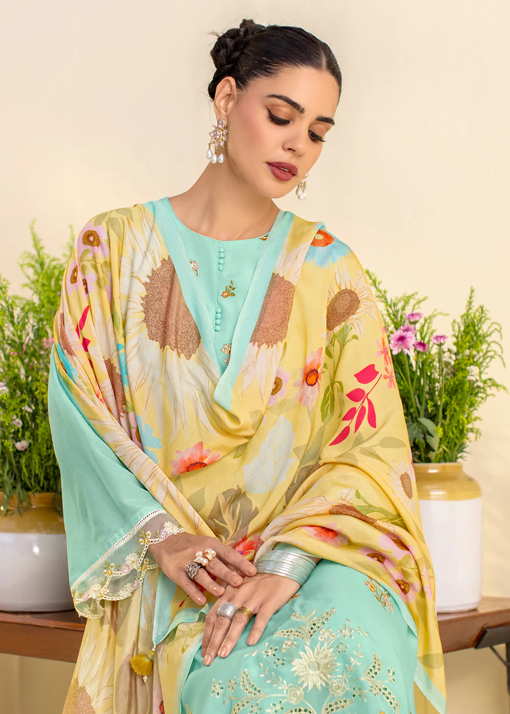 Aqua Blue Lawn Material Embroidered Festive Salwar Suit - Image 2