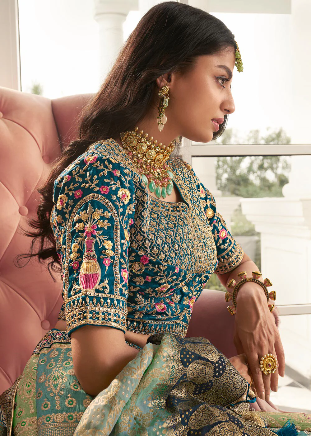 Aqua Blue & Mint Green Heavy Embroidered Silk Bridal Lehenga Choli - Image 3