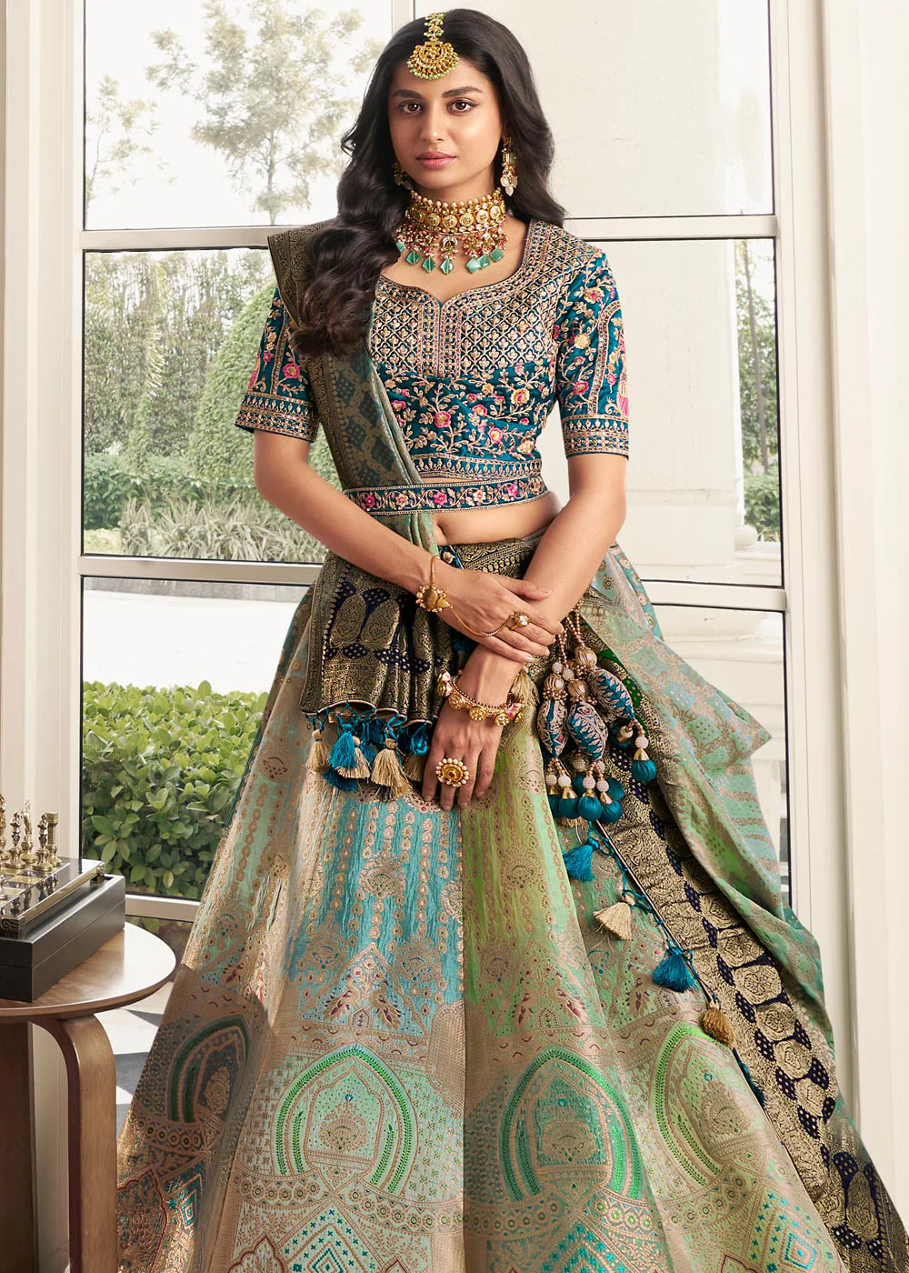 Aqua Blue & Mint Green Heavy Embroidered Silk Bridal Lehenga Choli - Image 4