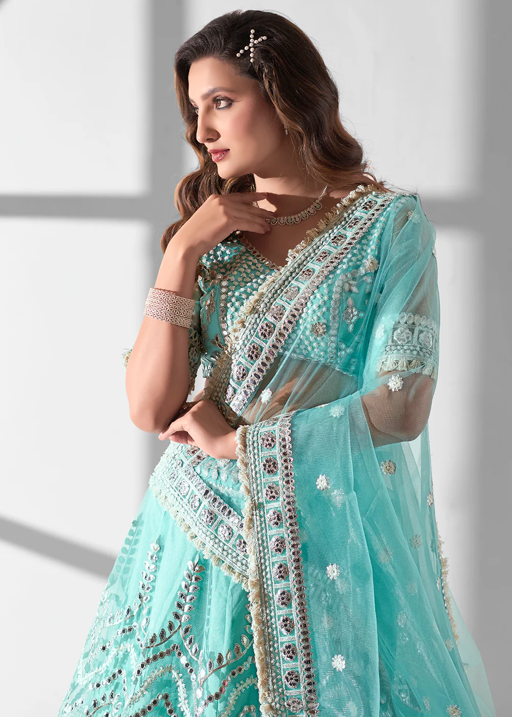 Aqua Blue Multi Embroidered Wedding Festive Lehenga Choli - Image 2