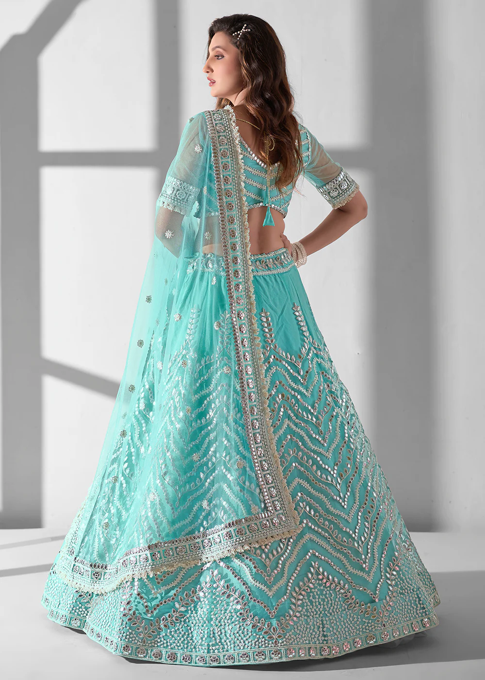 Aqua Blue Multi Embroidered Wedding Festive Lehenga Choli - Image 3