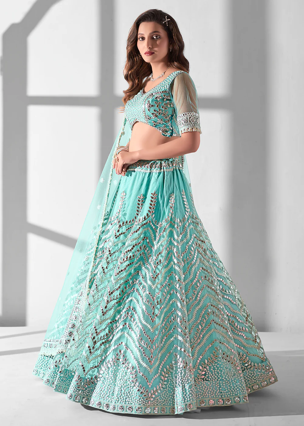 Aqua Blue Multi Embroidered Wedding Festive Lehenga Choli - Image 6