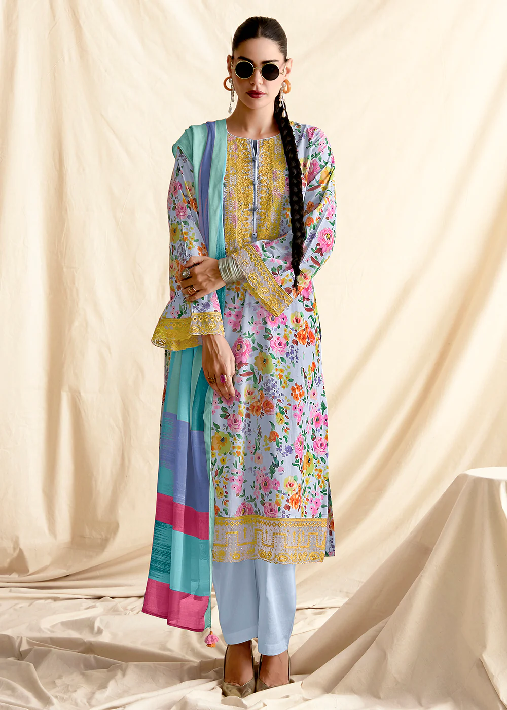 Aqua Blue Pure Lawn Resham & Digital Printed Salwar Suit