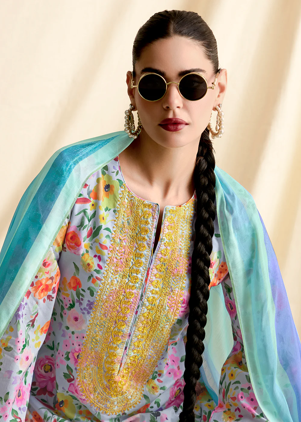 Aqua Blue Pure Lawn Resham & Digital Printed Salwar Suit - Image 2