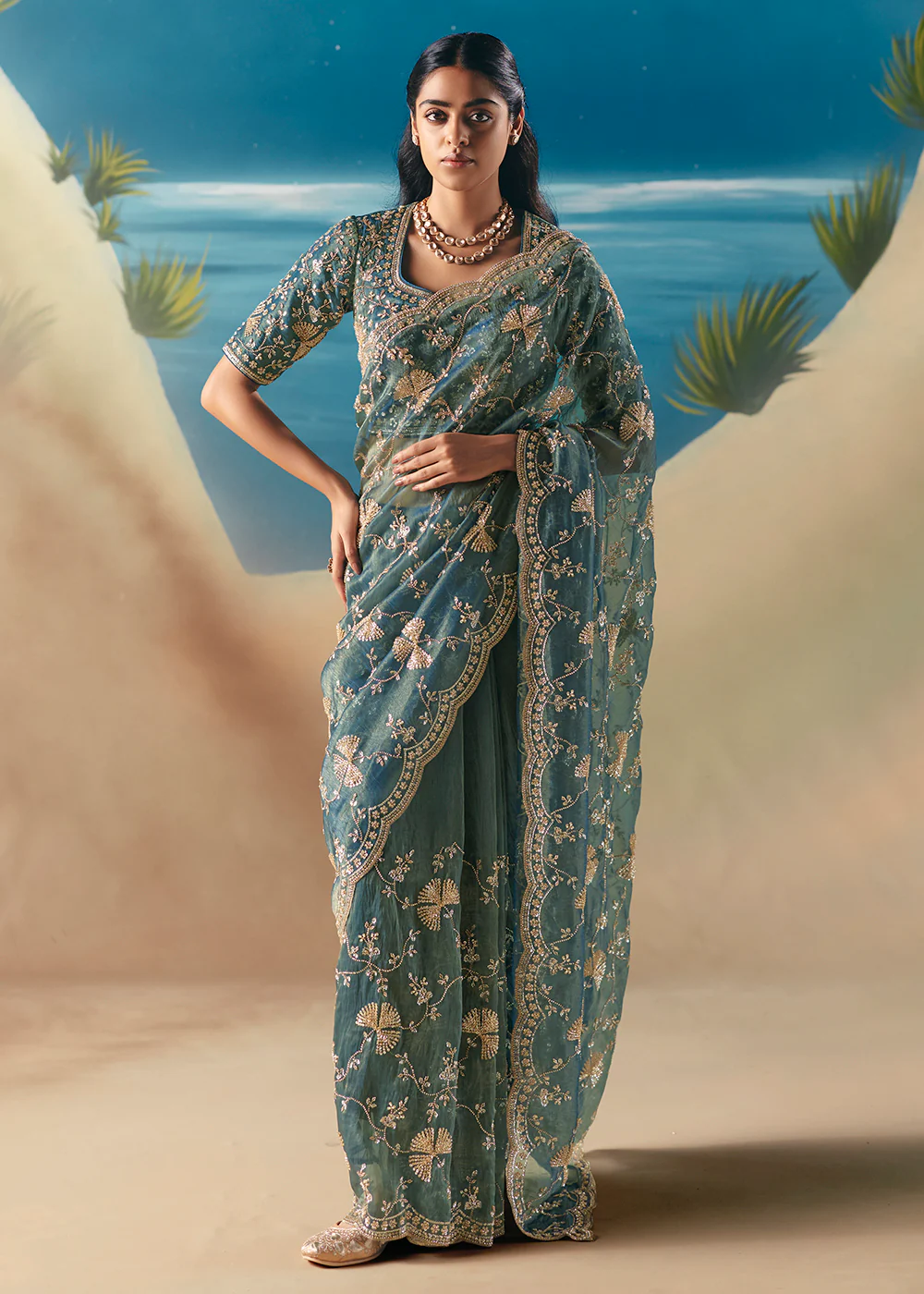 Aqua Blue Satin Organza Fancy Designer Saree