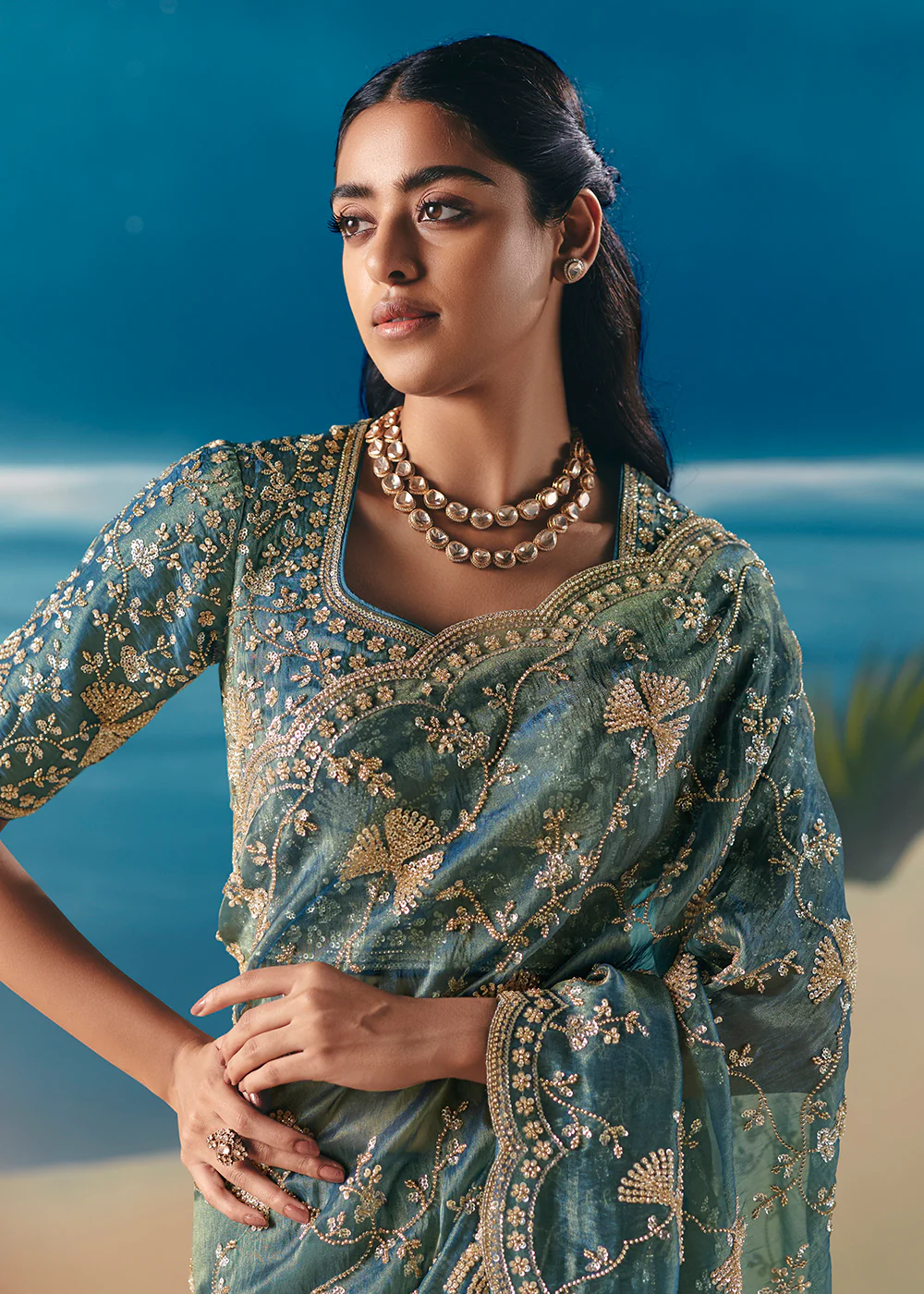 Aqua Blue Satin Organza Fancy Designer Saree - Image 2