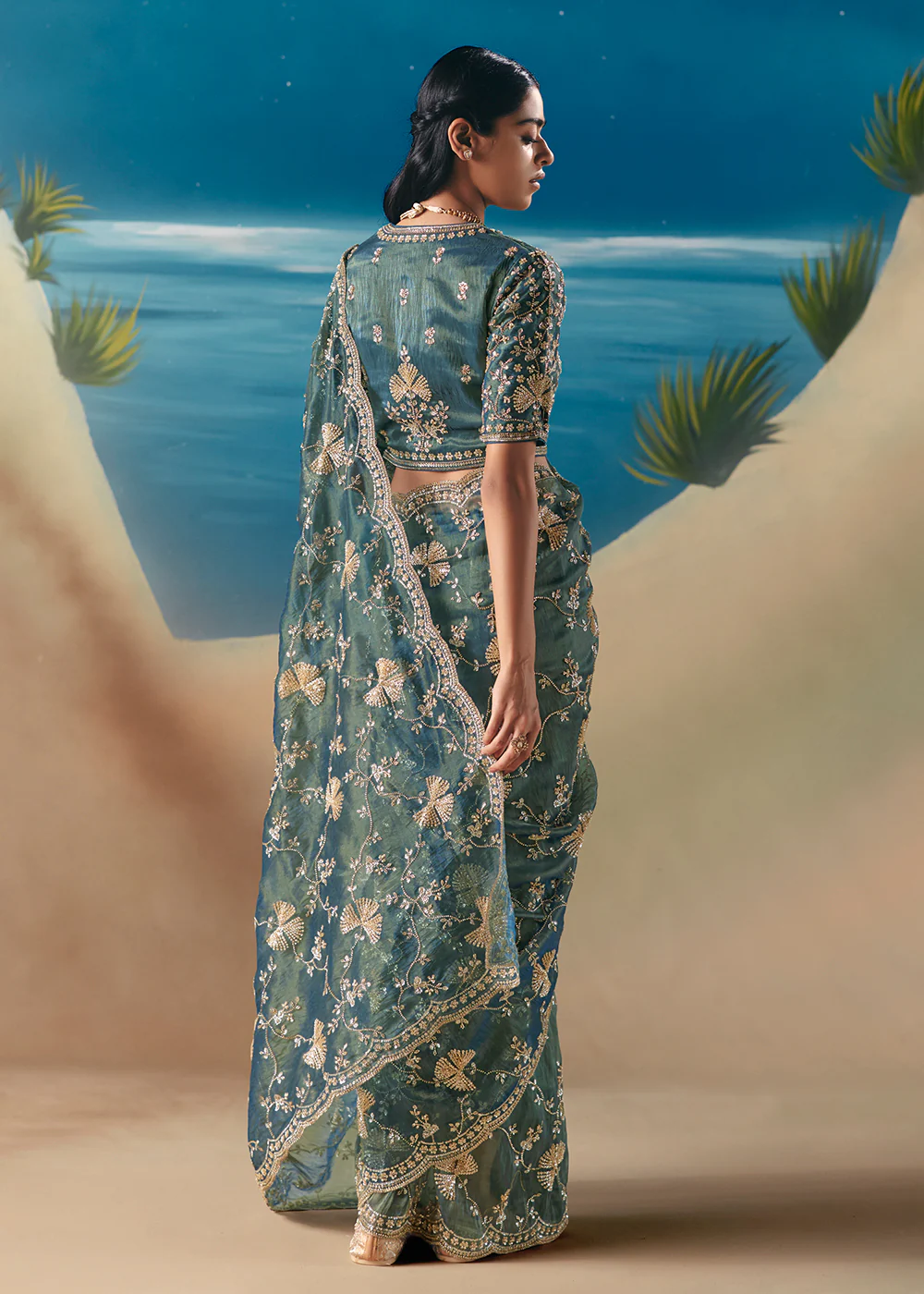 Aqua Blue Satin Organza Fancy Designer Saree - Image 3