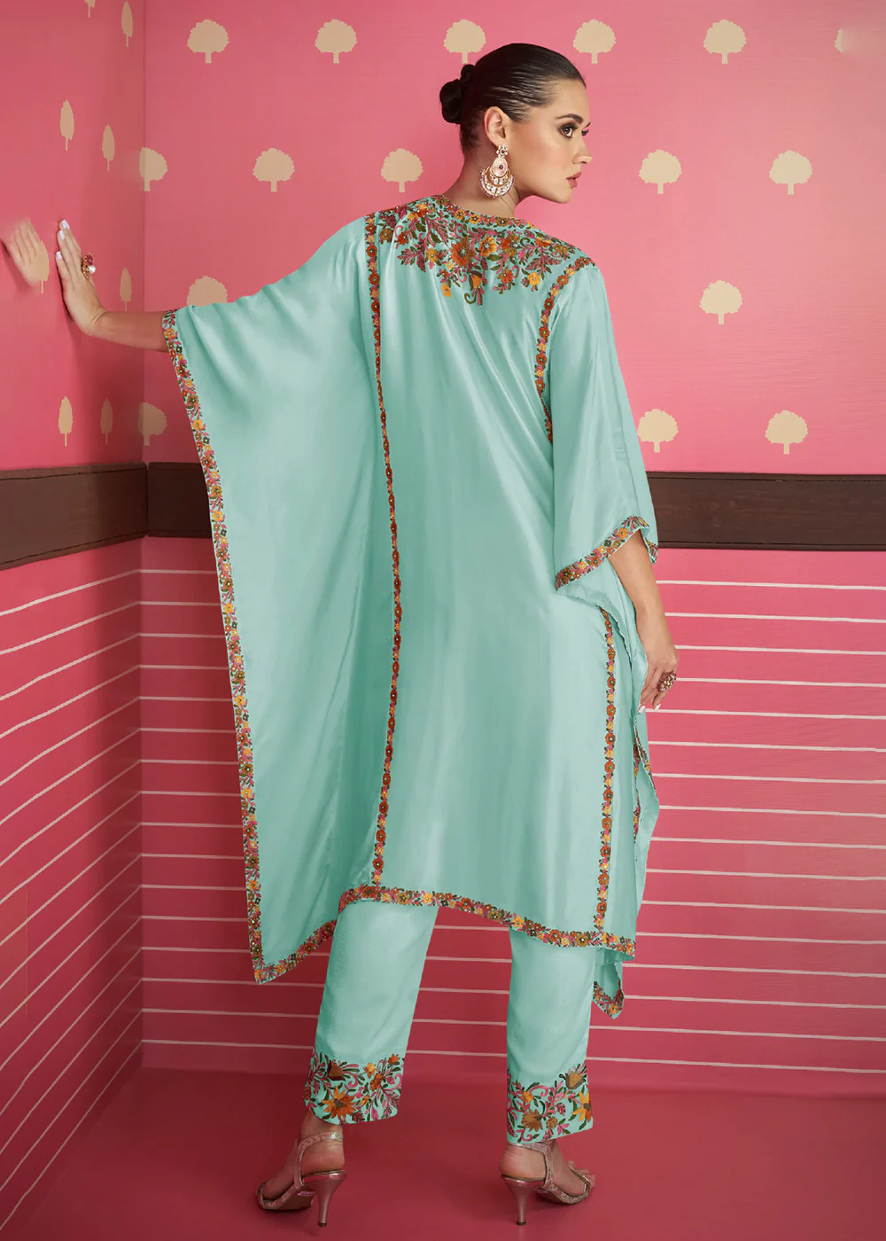 Aqua Blue Silk Satin Kaftan Style Chinon Pant Style Suit - Image 2