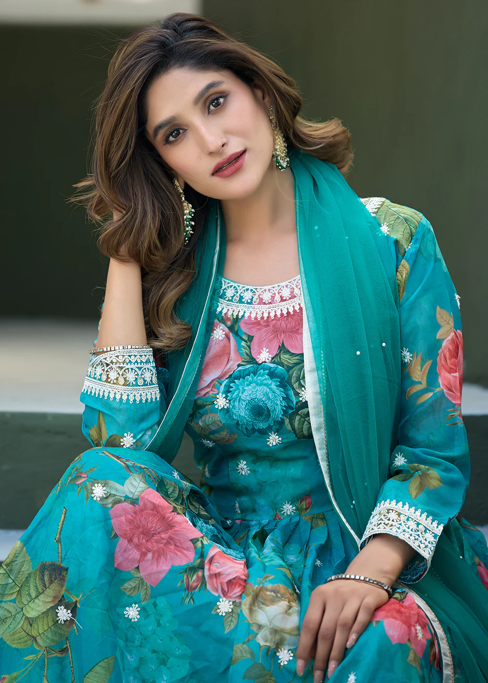 Aqua Blue Tabby Silk Sequins Anarkali Gown - Image 2