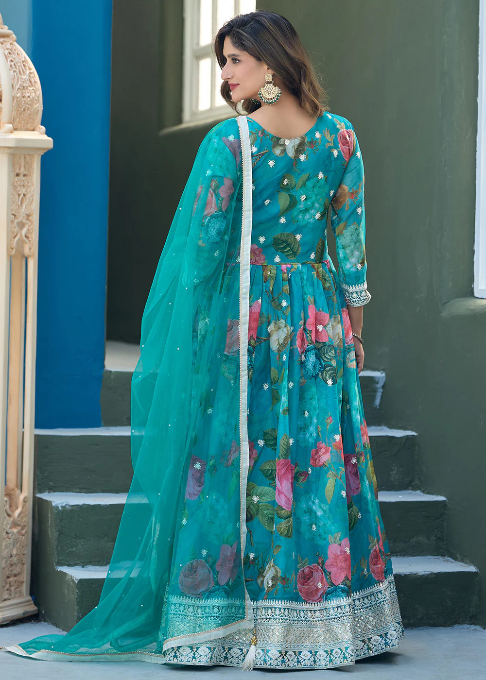 Aqua Blue Tabby Silk Sequins Anarkali Gown - Image 3
