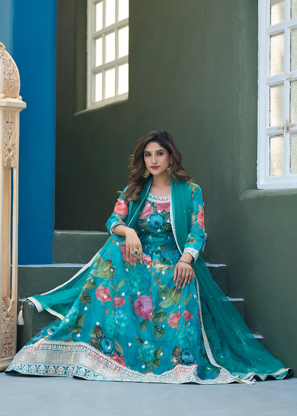 Aqua Blue Tabby Silk Sequins Anarkali Gown - Image 4