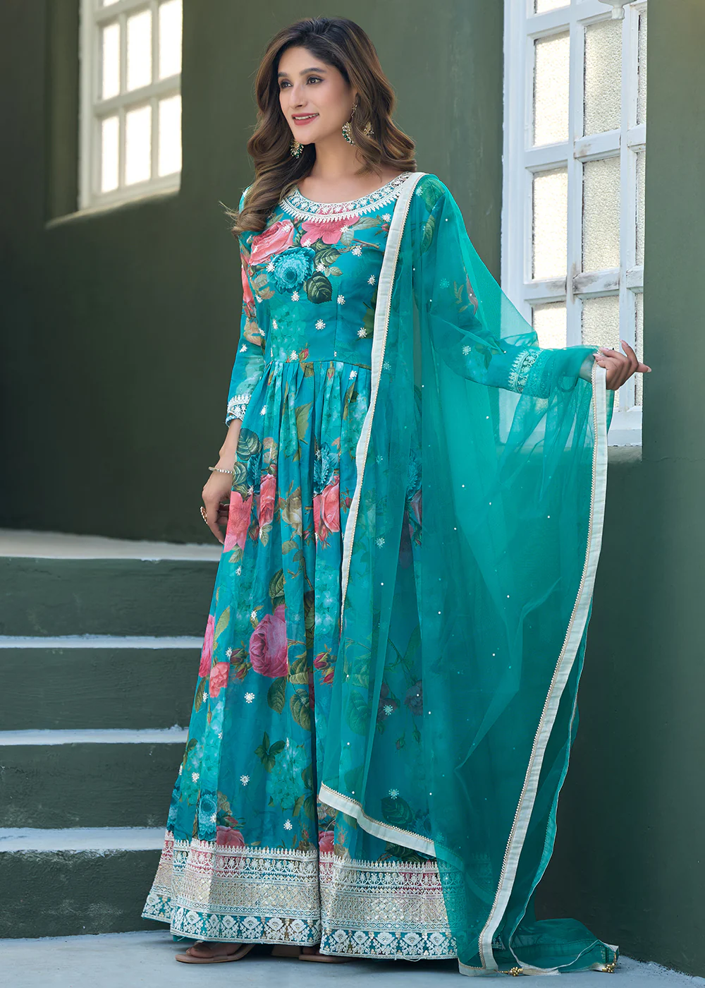 Aqua Blue Tabby Silk Sequins Anarkali Gown - Image 5