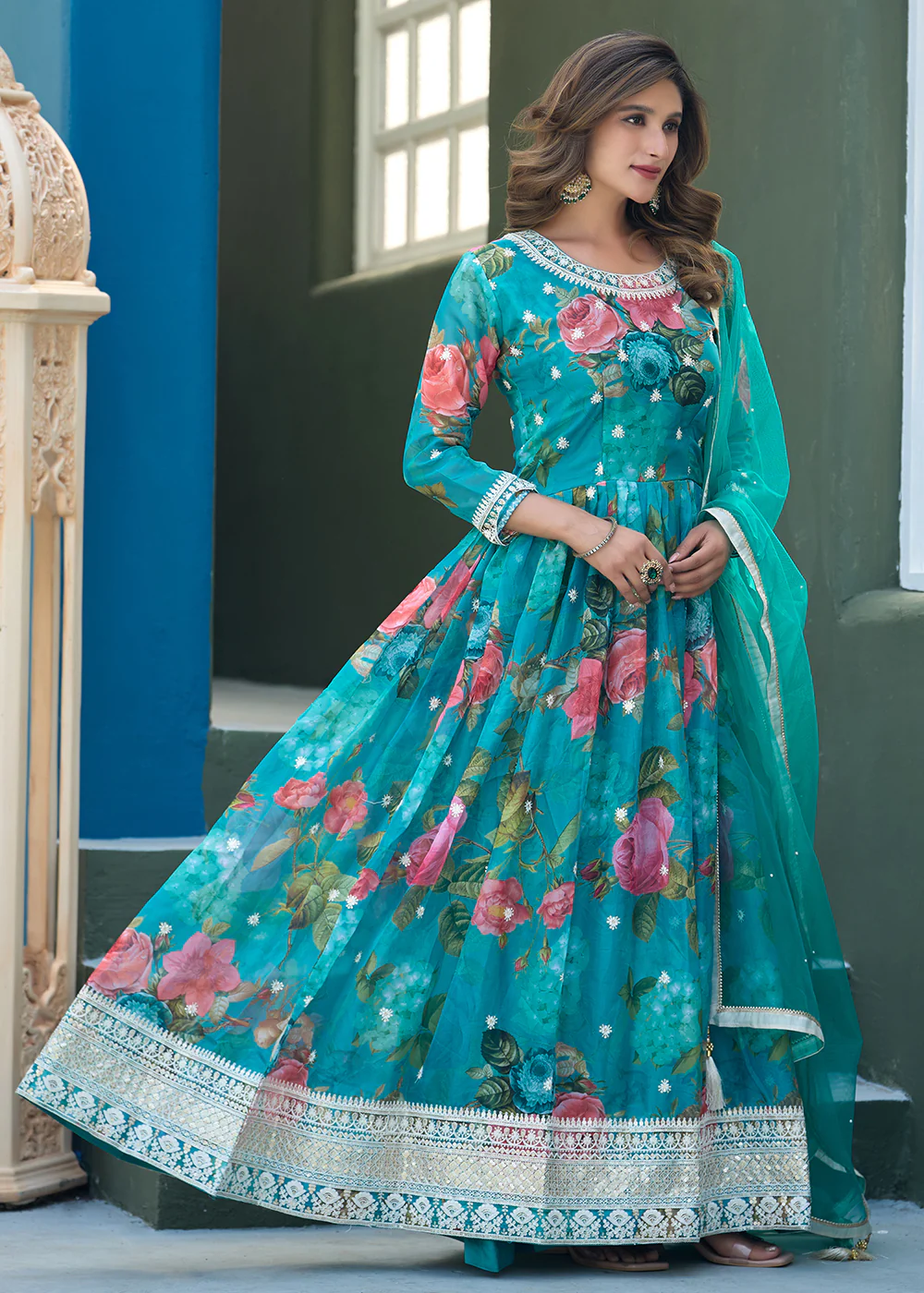 Aqua Blue Tabby Silk Sequins Anarkali Gown - Image 6