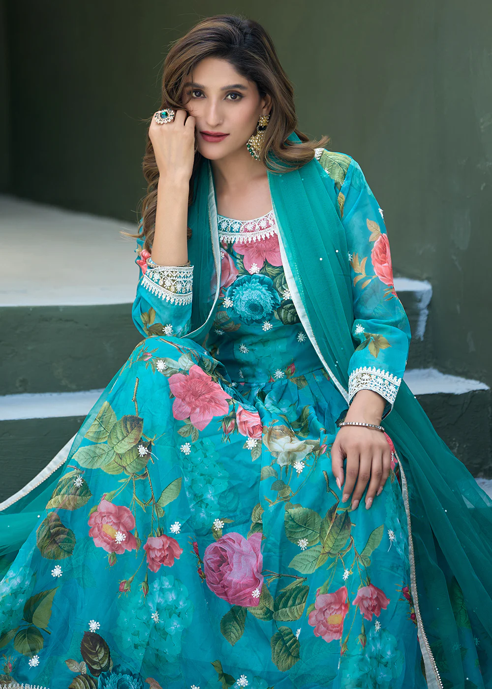 Aqua Blue Tabby Silk Sequins Anarkali Gown - Image 7