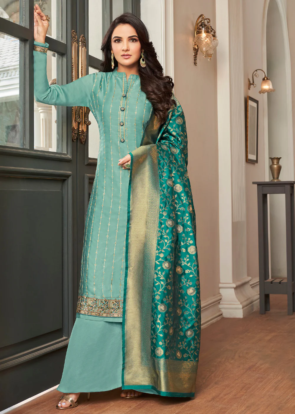 Aqua Blue Traditional Silk Embroidered Palazzo Salwar Suit