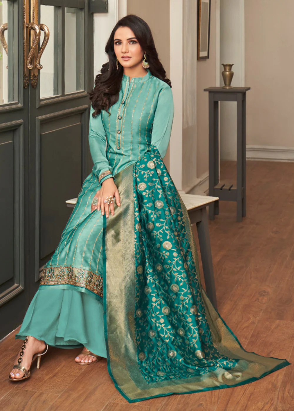 Aqua Blue Traditional Silk Embroidered Palazzo Salwar Suit - Image 3