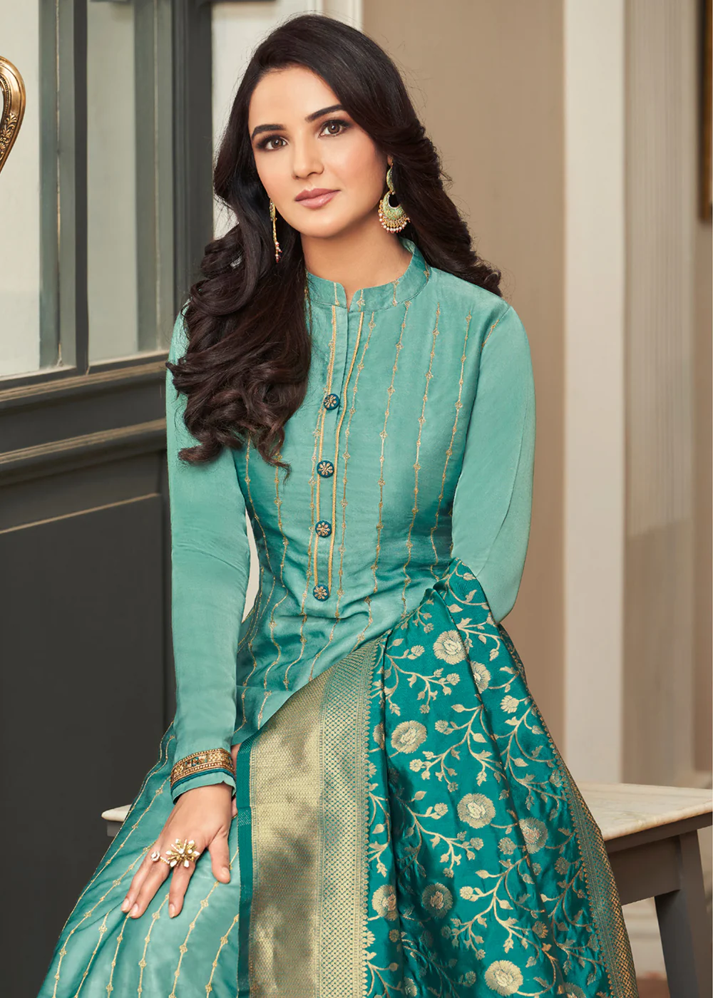 Aqua Blue Traditional Silk Embroidered Palazzo Salwar Suit - Image 4