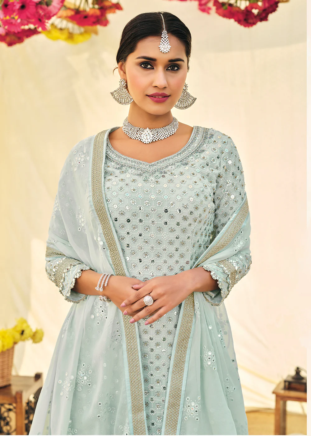 Aqua Blue Zari & Mirror Embroidered Festive Sharara Suit - Image 2
