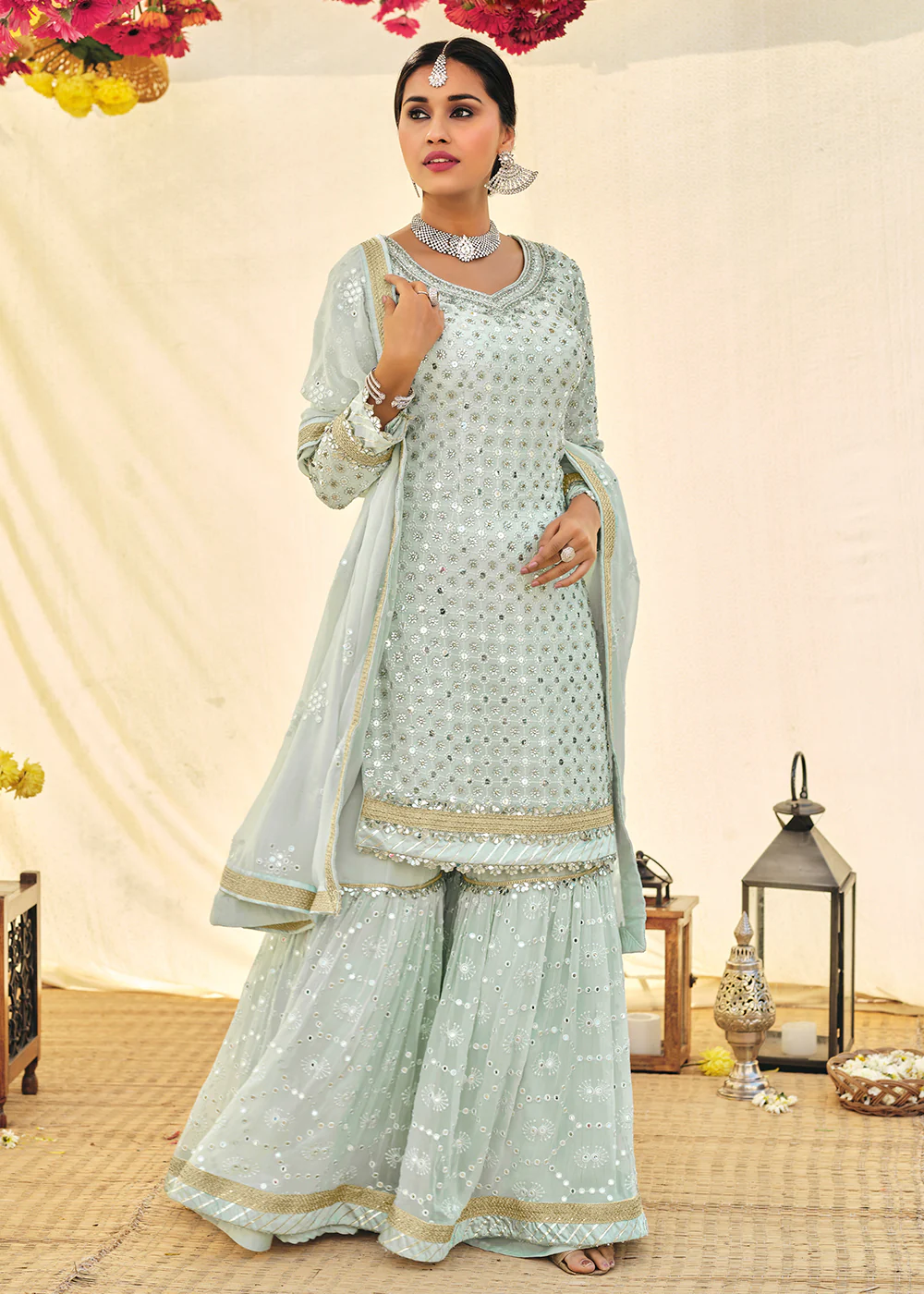 Aqua Blue Zari & Mirror Embroidered Festive Sharara Suit - Image 4