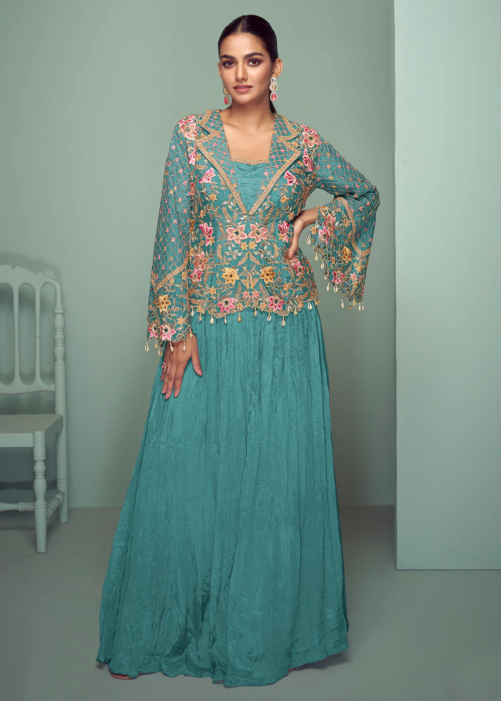 Aqua Chinnon Embroidered Lehenga Skirt Style Suit