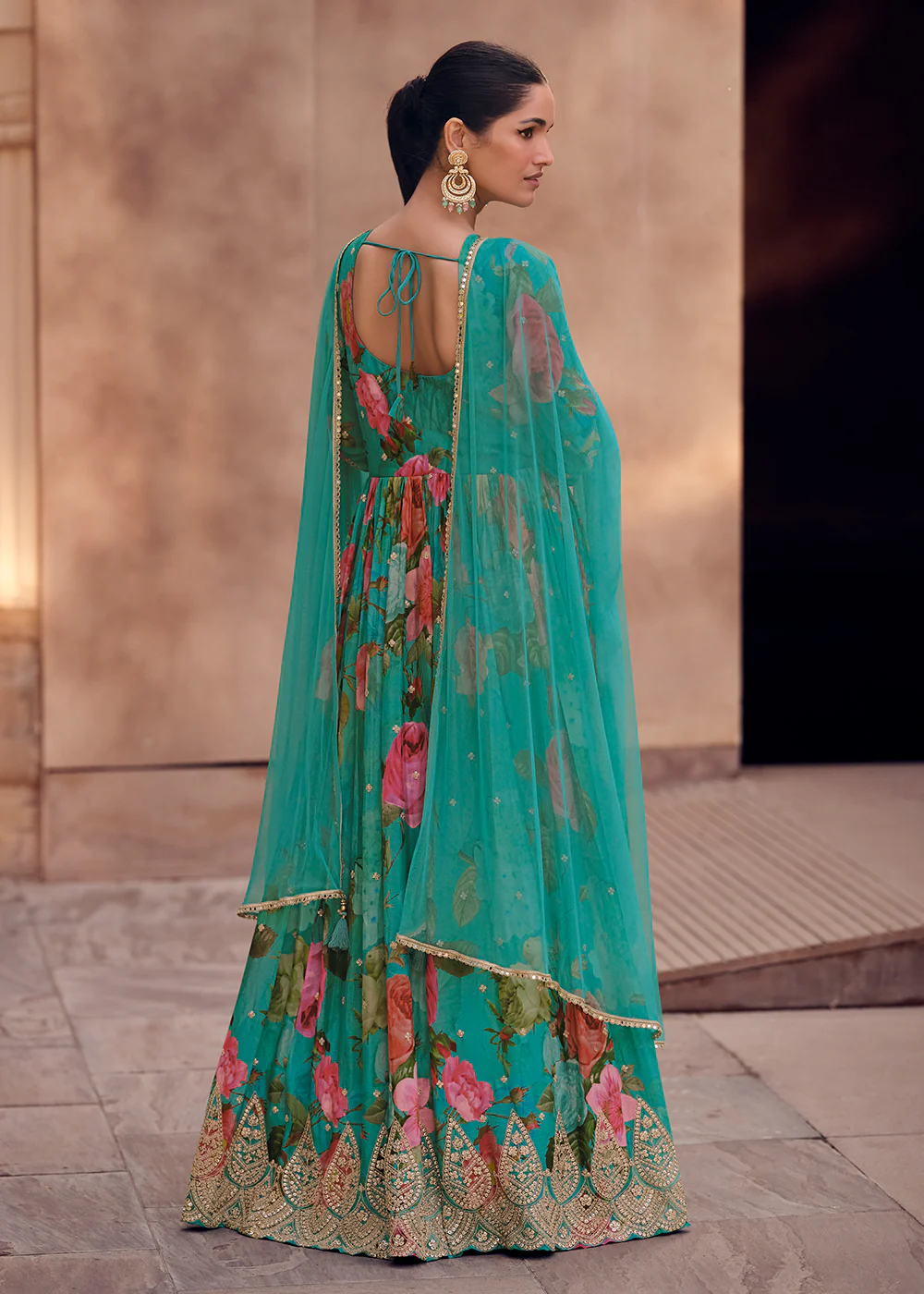 Aqua Green Digital Printed Designer Anarkali Gown - Image 3