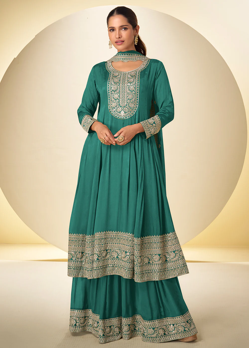 Aqua Green Festive Style Embroidered Palazzo Suit