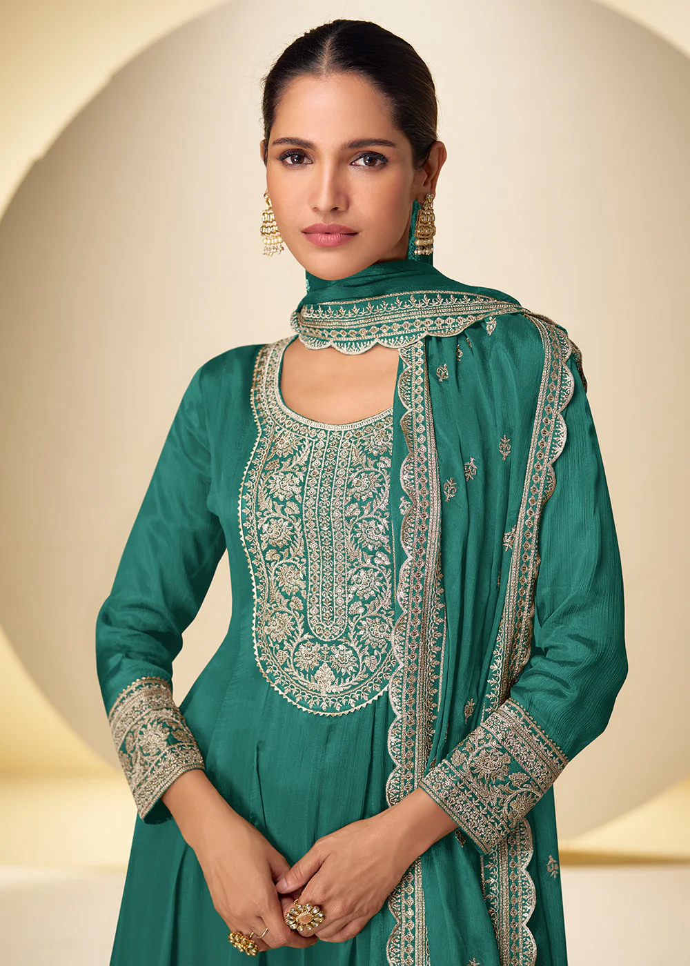 Aqua Green Festive Style Embroidered Palazzo Suit - Image 2