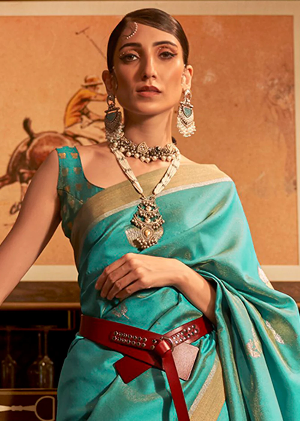 Aqua Green Handloom Silk Weaving Contemporary Saree - Image 2