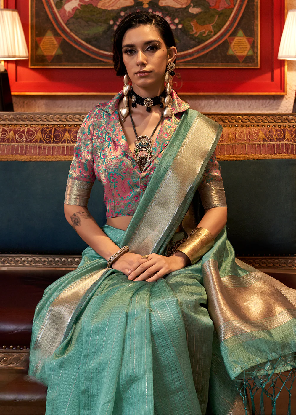 Aqua Green Moss Chiffon Party Style Designer Saree - Image 2
