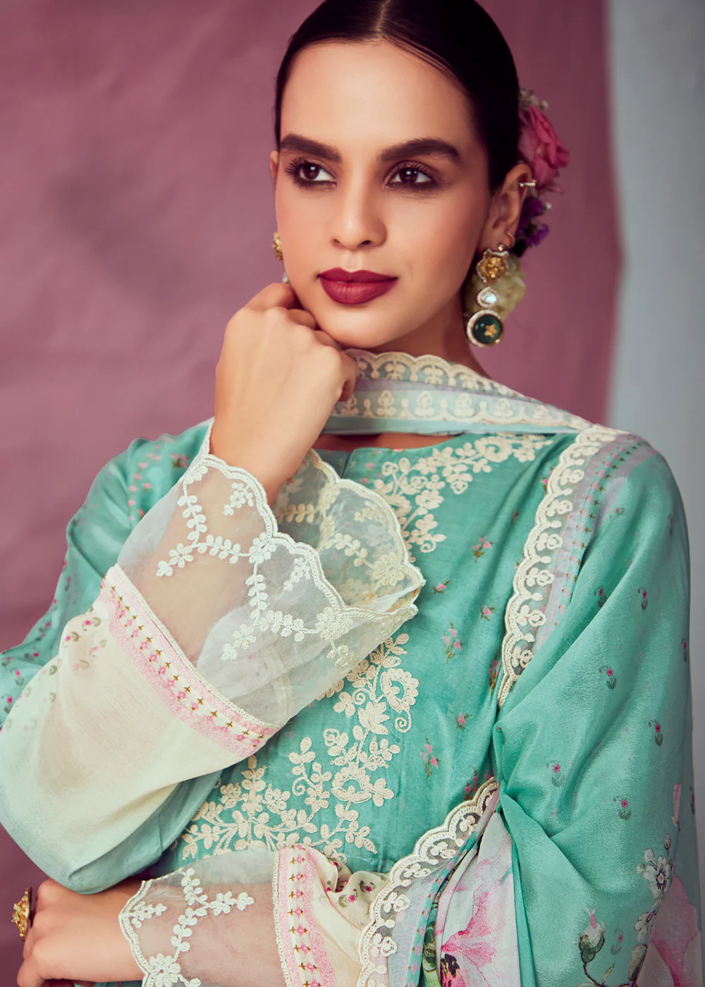 Aqua Green Muslin Cotton Printed Trendy Salwar Kurta Set - Image 2