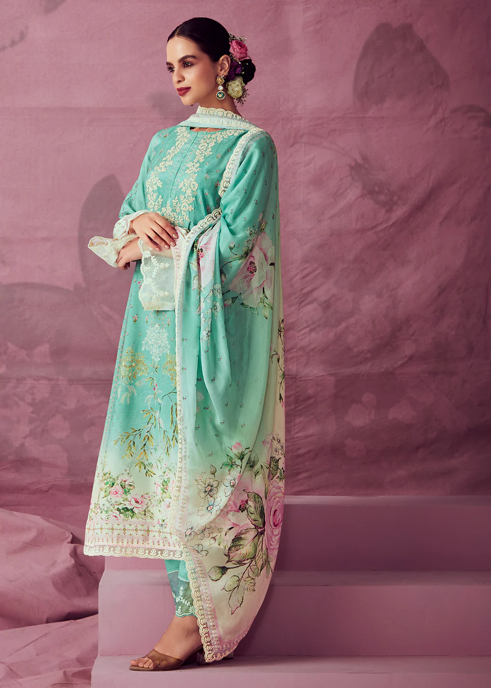 Aqua Green Muslin Cotton Printed Trendy Salwar Kurta Set - Image 3