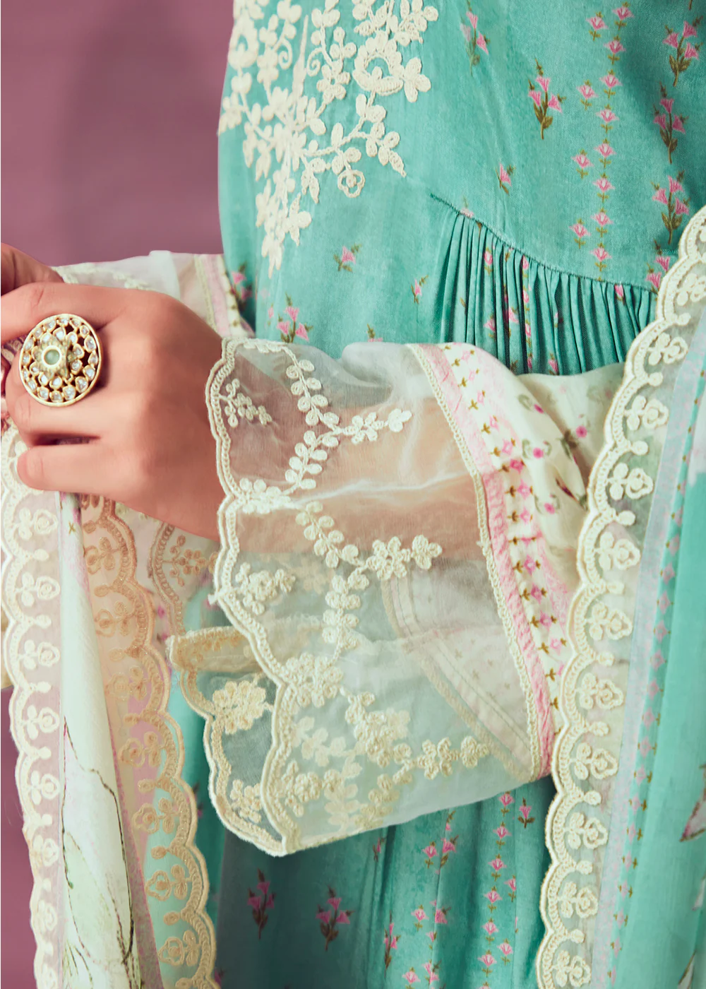 Aqua Green Muslin Cotton Printed Trendy Salwar Kurta Set - Image 4