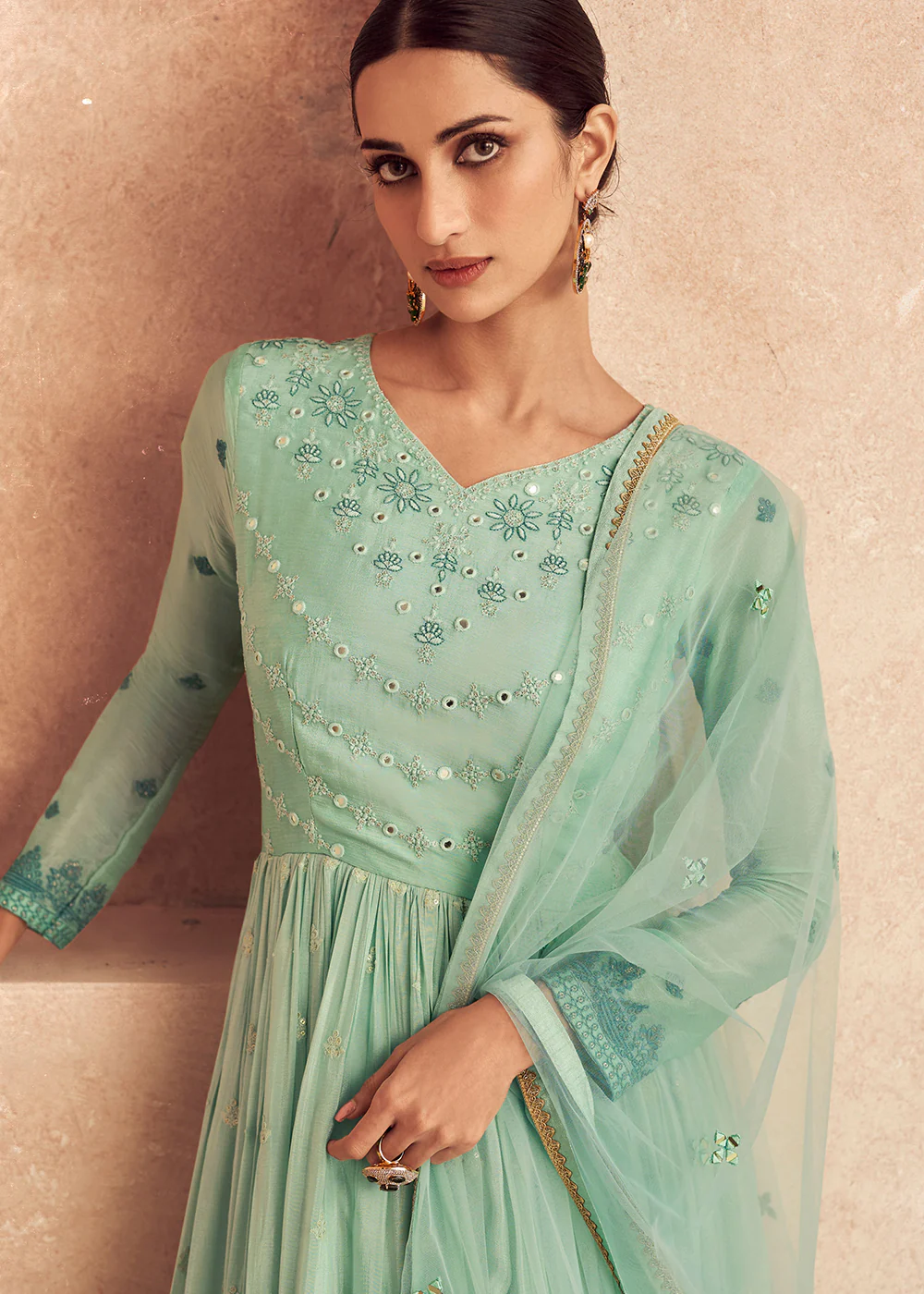 Aqua Green Shaded Georgette Embroidered Wedding Anarkali Gown - Image 2