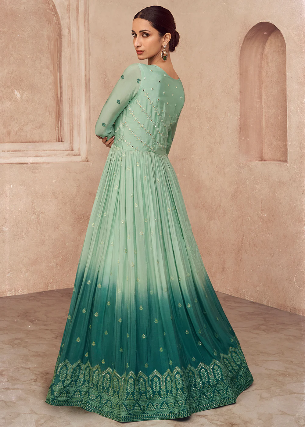 Aqua Green Shaded Georgette Embroidered Wedding Anarkali Gown - Image 3