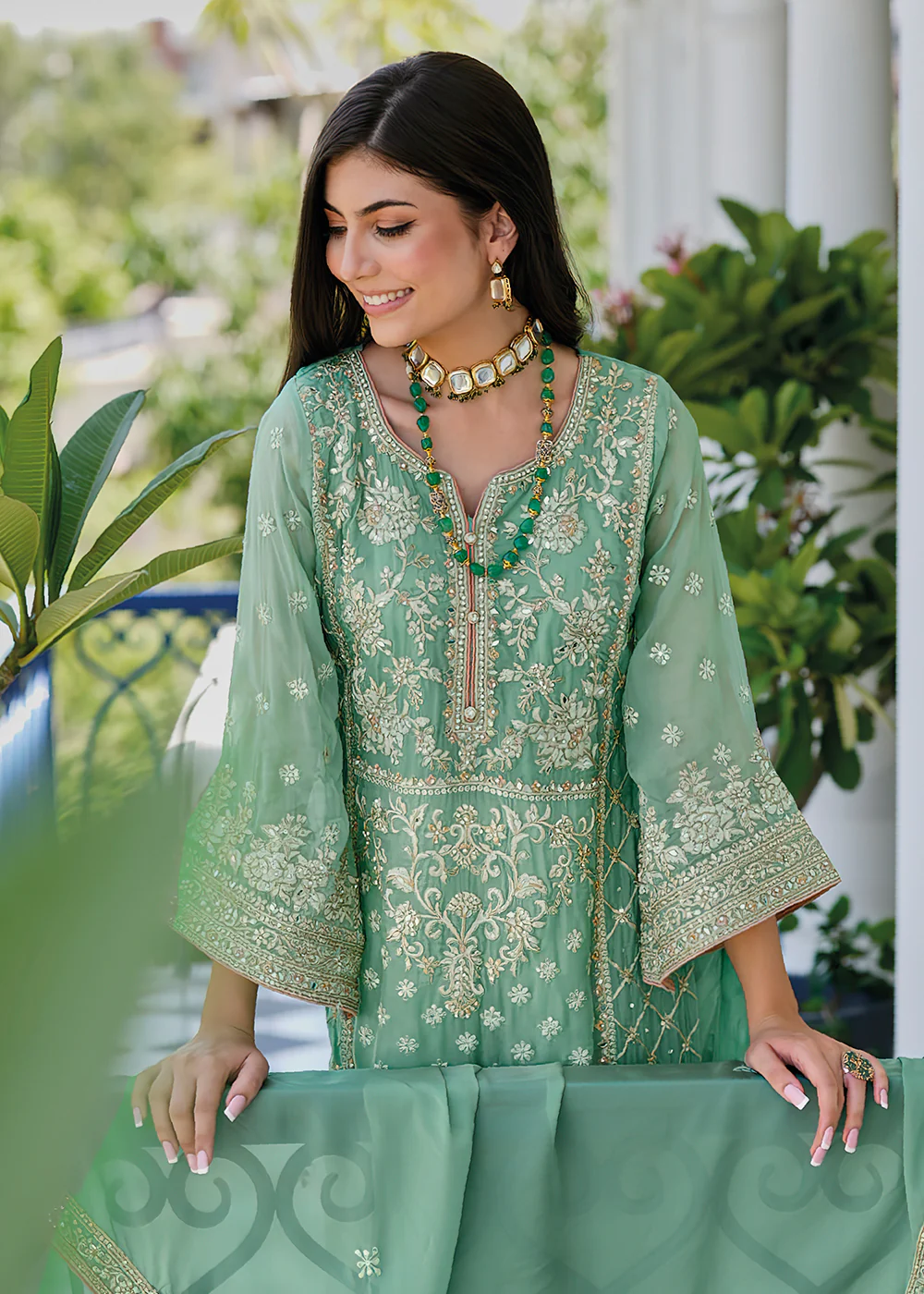 Aqua Green Soft Organza Embroidered Pant Style Salwar Suit - Image 2