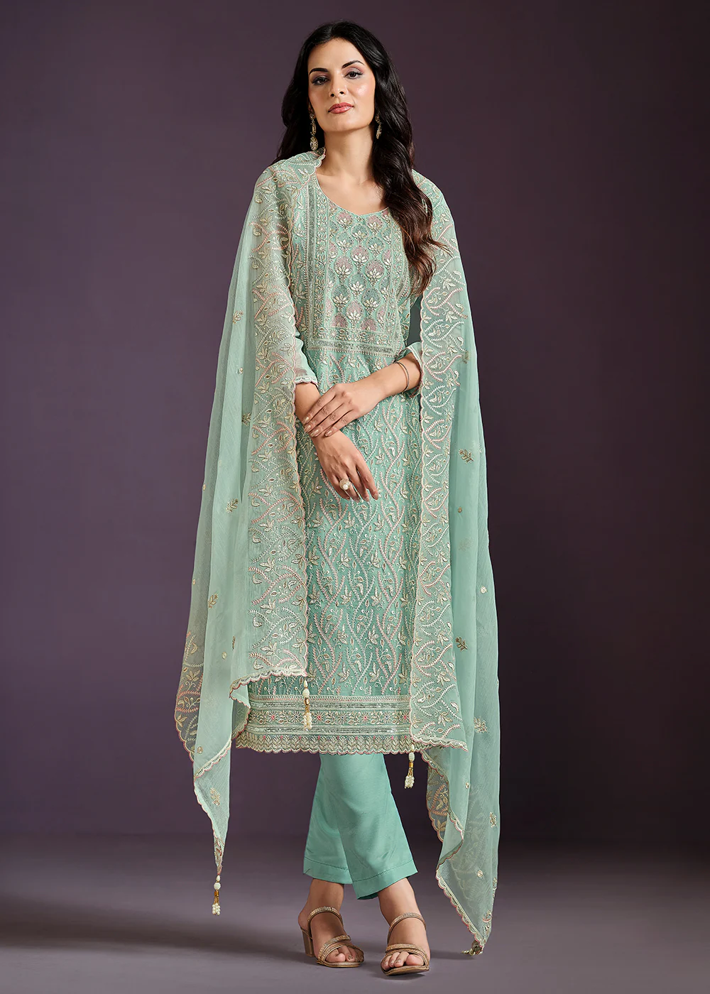 Aqua Lucknowi Embroidered Chiffon Festive Salwar Suit