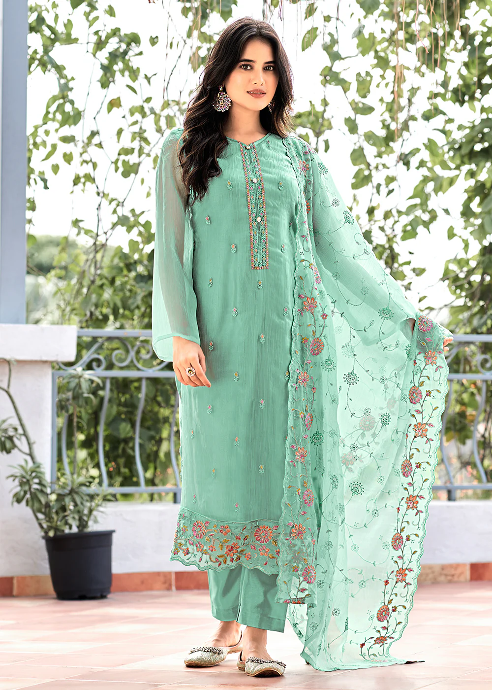 Aqua Mint Embroidered Organza Chiffon Festive Salwar Suit