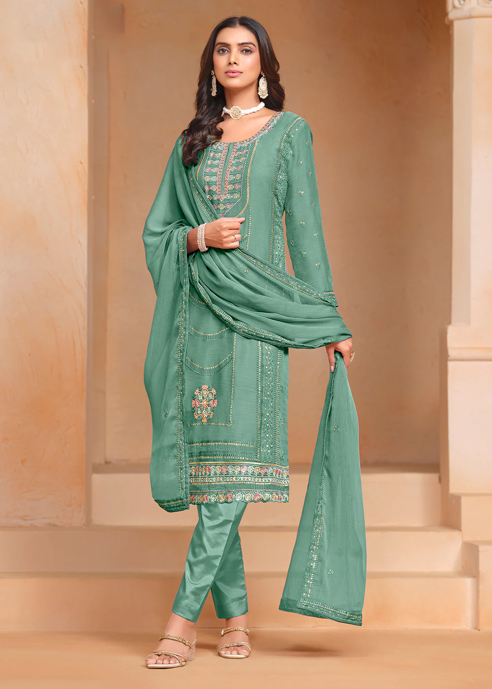 Aqua Organza Chiffon Embroidered Festive Salwar Suit - Image 3